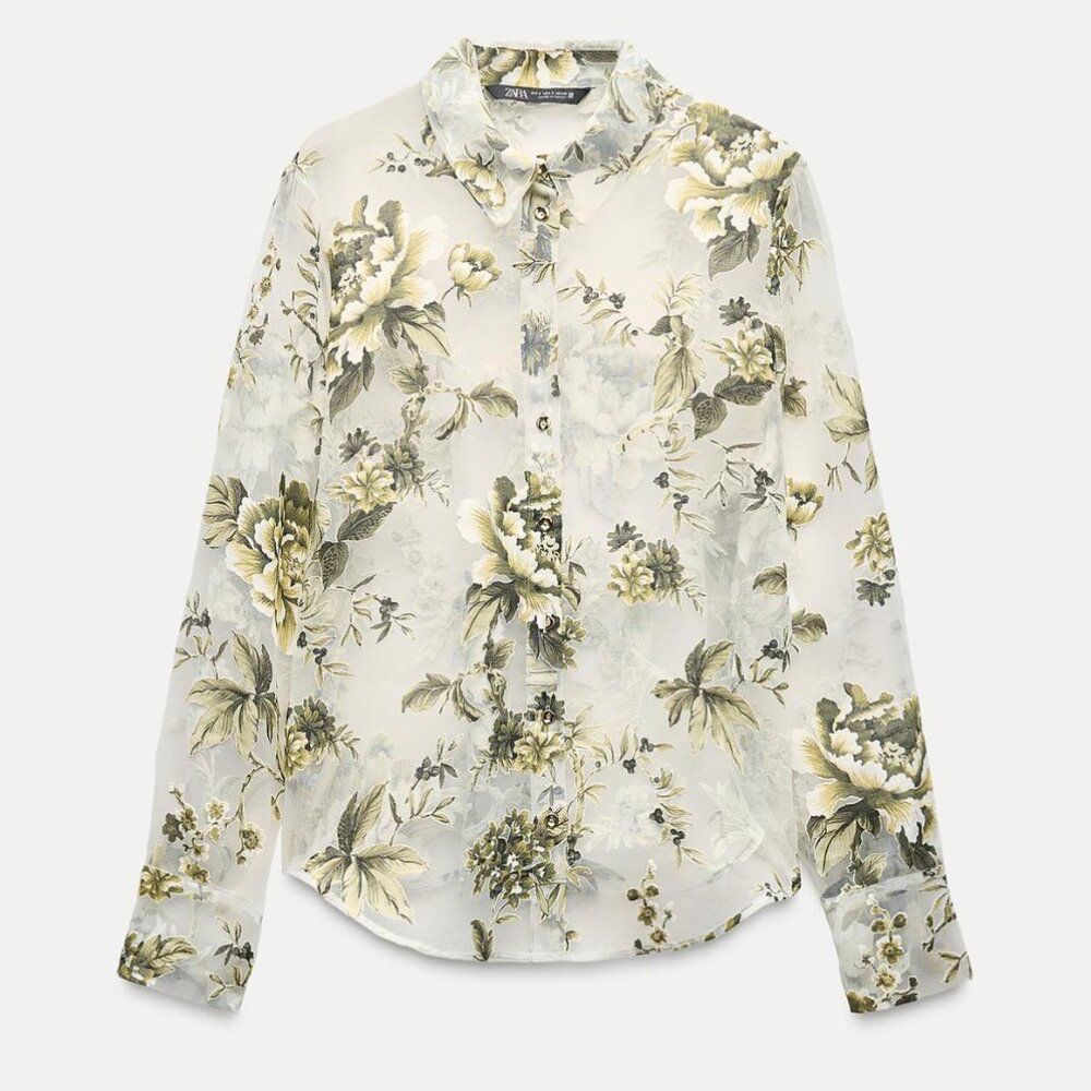 NWT Ecru Sheer Shirt w/ Green Floral Pattern, M